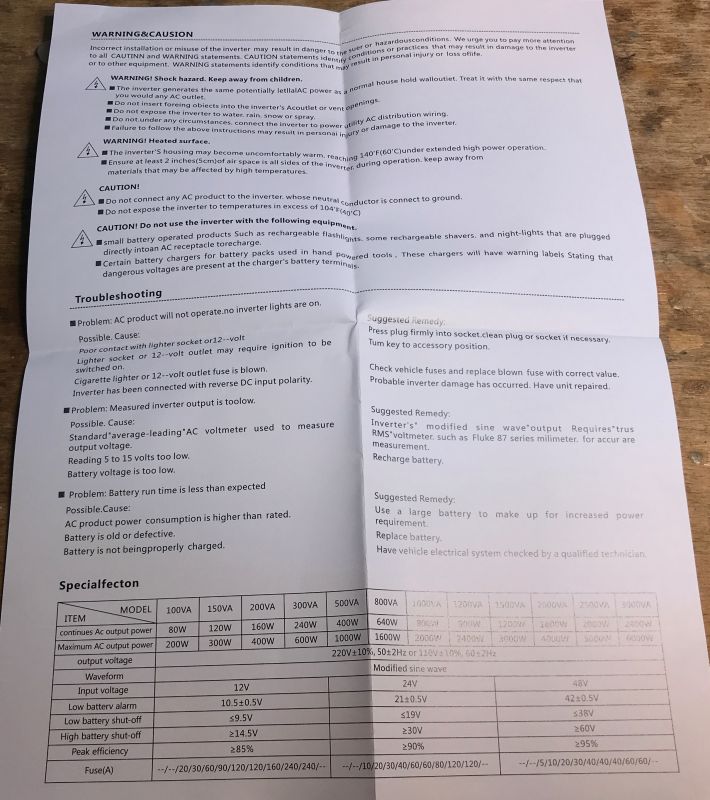 Instrukcja obsługi przetwornicy samochodowej pokazująca ostrzeżenia, rozwiązywanie problemów oraz specyfikację techniczną.