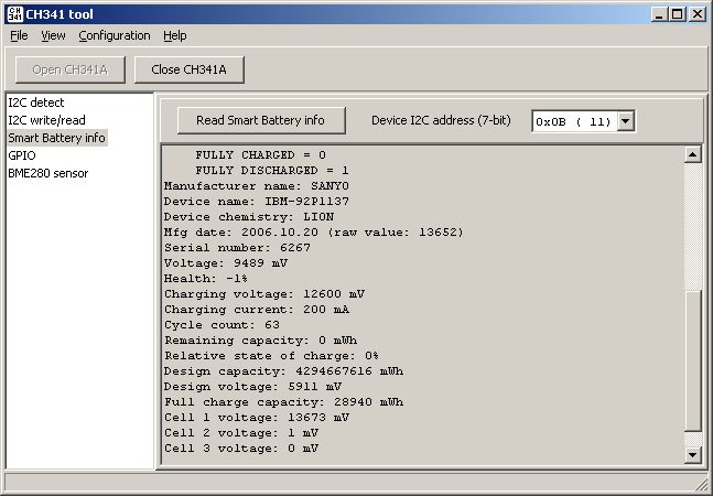 Screenshot of CH341A Tool Application Screenshot of CH341A Tool application showing smart battery information.