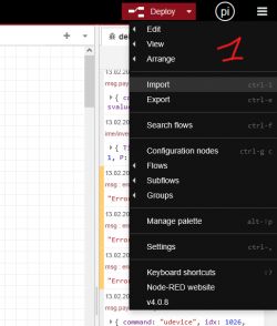 Dropdown menu in Node-RED with the Import option highlighted.