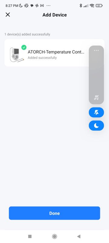Adding ATORCH-Temperature Control Device Add device screen with successfully added ATORCH-Temperature Control.