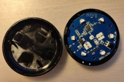 Interior of IRC03 Universal Infrared Remote Control Photo of an open IRC03 Universal infrared remote control, showing the circuit board and interior casing.