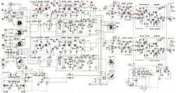 Skomplikowany schemat elektroniczny z różnymi symbolami, elementami i napięciami odniesienia.