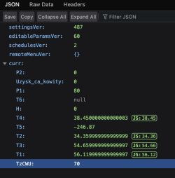 Screenshot of JSON data showing temperature and system parameter values