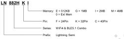 Specification table for LN882HKI QFN-32 chip with memory and pin description.