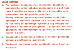 Fragment instrukcji obsługi gramofonu, zawierający uwagi końcowe wydrukowane czerwonym tekstem.