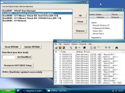 Windows XP screenshot showing UefiMenu boot order editor and a DebugView window with UEFI NVRAM log output