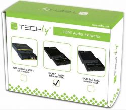 Opakowanie Techly HDMI Audio Extractor z trzema ilustracjami produktu