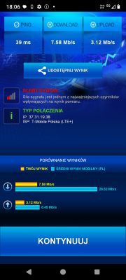 Wynik speedtestu T-Mobile z LTE+: ping 39 ms, pobieranie 7,58 Mb/s, wysyłanie 3,12 Mb/s