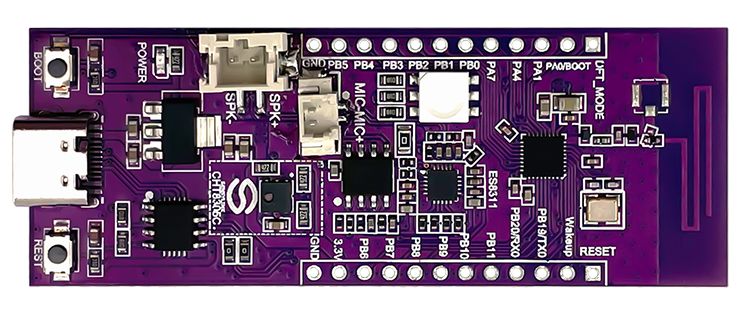 Purple PCB with USB‑C port, buttons, labeled pins, and SPK and MIC connectors