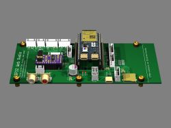 Render of ESP32 Web Radio PCB with various components and connectors.