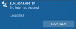 Screenshot showing Wi-Fi network LLM_H0A9_06615F with No Internet, secured message.