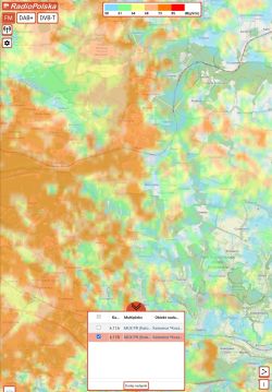 Mapa RadioPolska z kolorową prognozą natężenia sygnału DVB‑T wokół Olkusza