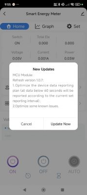 Energy Meter Update Screen in Tuya App Tuya software update screen on an energy meter.
