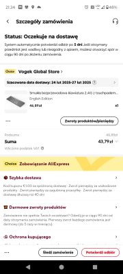 Zamówienie na smukłą bezprzewodową klawiaturę z touchpadem na AliExpress z podaną ceną i statusem dostawy.
