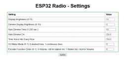 ESP32 radio settings interface with a list of options and values.