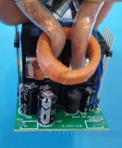 Printed circuit board with electronic components and copper wires.