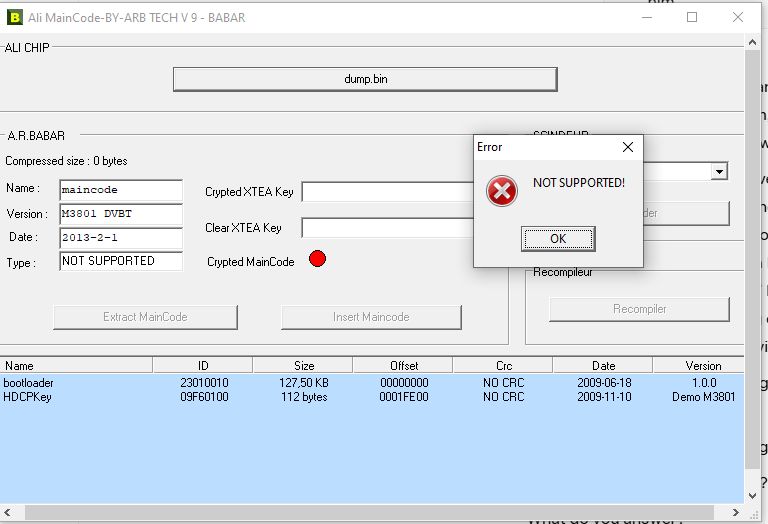 Screenshot of Ali MainCode tool showing NOT SUPPORTED! error for dump.bin file