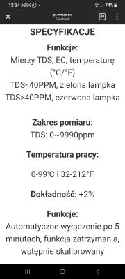 Ekran telefonu z danymi technicznymi testera wody TDS, EC i temperatury