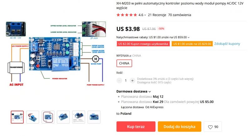 Moduł kontrolera poziomu cieczy XH-M203 Moduł kontrolera poziomu cieczy XH-M203