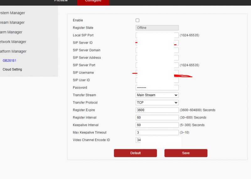 Ekran konfiguracyjny kamery IP z ustawieniami SIP