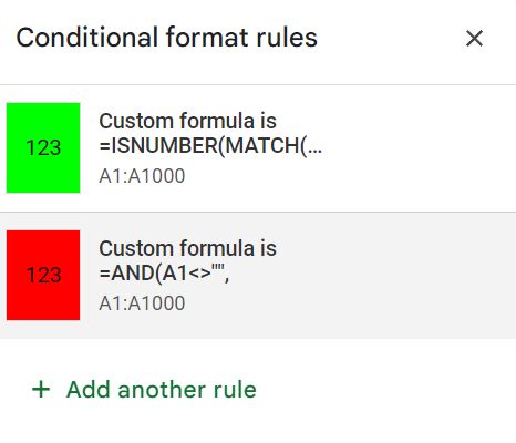 Zrzut ekranu z ustawieniami formatowania warunkowego w Arkuszach Google.