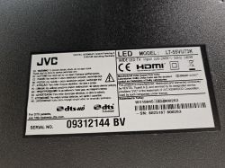 Type label of JVC LED TV LT-55VU73K with model details and warnings.