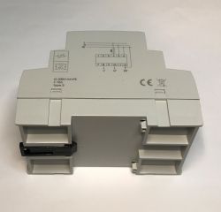A gray electrical device for DIN rail mounting with markings and a wiring diagram on the housing.