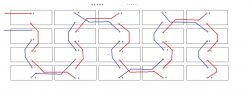 Diagram połączeń paneli fotowoltaicznych z różnokolorowymi kablami.