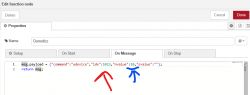Screenshot of a function node in Node-RED with command configuration for Domoticz.