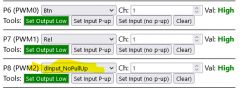 Screenshot of pin configuration for P6, P7, and P8 with settings and High values.
