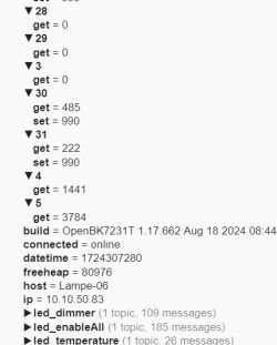Screenshot showing IoT device configuration details, including firmware version, connection status, IP address, and MQTT topics.