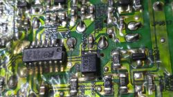 Close-up of a printed circuit board with electronic components.