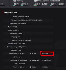 Zrzut ekranu pokazujący specyfikacje procesora Intel Core i7-3770 z widoczną temperaturą 90 stopni Celsjusza.