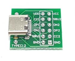 USB Type-C adapter with visible pins VCC, GND, DP, DN, and CC.