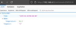 Screenshot of JSON interface showing 51.2°C temperature and date 1970-01-01T00:00:00