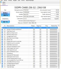 Zrzut ekranu z programu diagnostycznego SSD z informacjami o stanie i temperaturze.