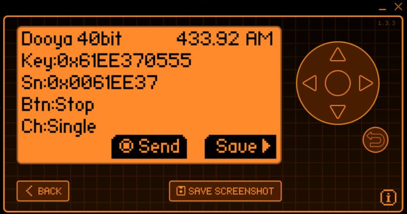 Flipper Zero screen showing captured Dooya signal at 433.92 MHz (Stop, single channel)