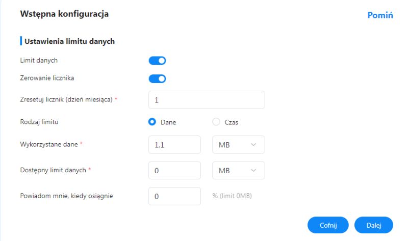 Ekran konfiguracji limitu danych w panelu routera ZTE G5 Ultra