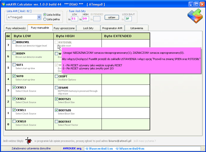 AVR fuse Calculator i programator graficzny z avrdude - 8