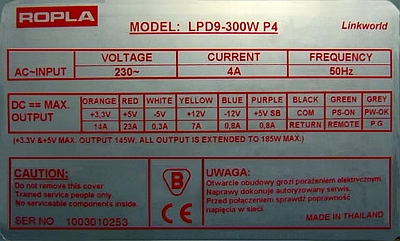 Ropla model: LPD9-300W tylko linia +3,3V działa prawidłowo.