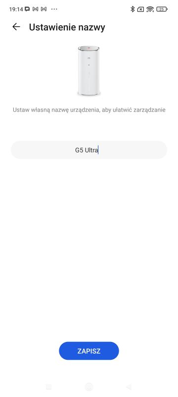 Ekran aplikacji Smart Life ZTE z możliwością nadania nazwy routerowi G5 Ultra