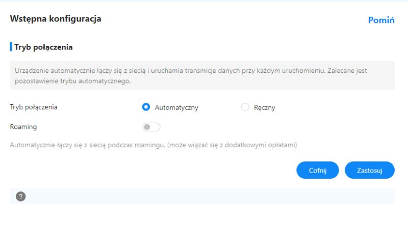 Ekran konfiguracji trybu połączenia routera z opcjami automatyczną i ręczną