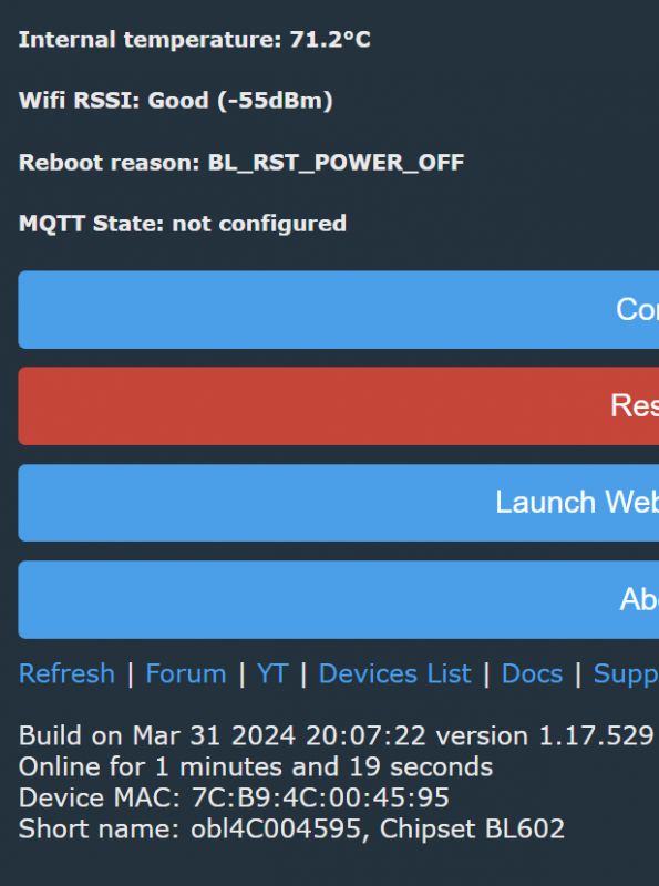 Screenshot of a device interface indicating a high internal temperature of 71.2°C.