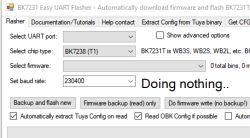 BK7231 Easy UART Flasher interface with BK7238 chip selected Screenshot of BK7231 Easy UART Flasher with BK7238 chip selected and idle status