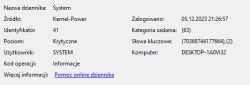 Zrzut ekranu z dziennika systemowego pokazujący błąd Kernel-Power w Windows.