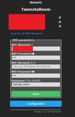 Tasmota user interface with Wi-Fi setup fields and save buttons