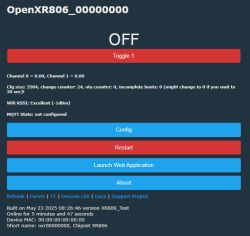 OpenXR806 device control panel showing an OFF state and several buttons for configuration, restart, and launching a web application.