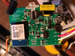 Close-up view of W3BS electronic module with wires soldered to pins.