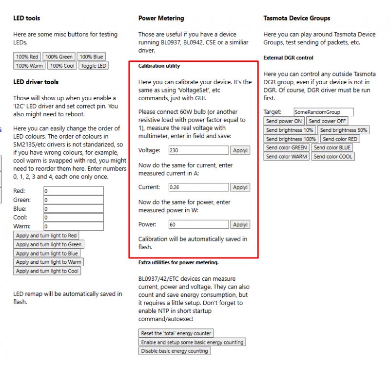 Calibration panel for devices in Tasmota software.