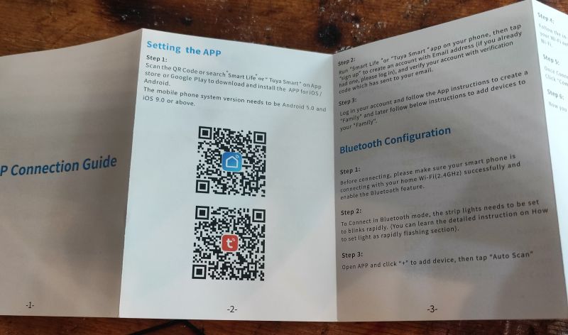 App Setup and Bluetooth Connection Instructions with QR Codes Instruction leaflet for app setup and Bluetooth connection with QR codes.